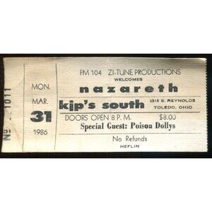 Vintage 1986 Nazareth Poison Dollys Concert Ticket Stub Toledo OH